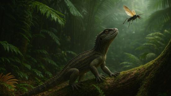 Reconstrucción visual de un antiguo lepidosaurio en su hábitat prehistórico
