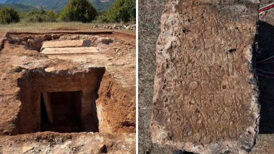 Lugar donde la tumba fue encontrada (izquierda) y una de las inscripciones (derecha)