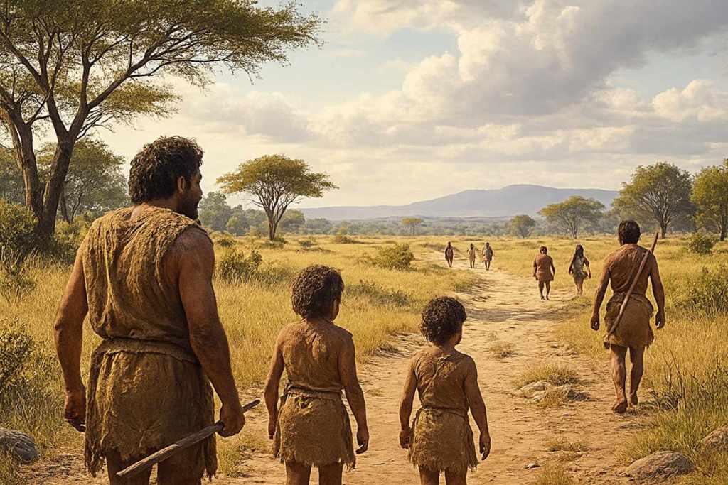 Recreación artística de un grupo de ancestros humanos caminando por la sabana africana hace más de 600.000 años, portando herramientas y vestidos con pieles