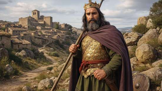 Recreación artística idealizada del rey Leovigildo frente a la ciudad de Toledo hacia el año 580