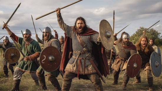 Recreación artística hiperrealista de un grupo de guerreros godos avanzando en formación