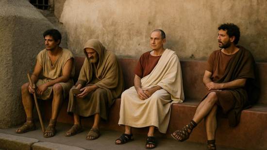 Recreación artística hiperrealista de una escena cotidiana en Pompeya, donde varios ciudadanos romanos esperan su turno frente a la Villa de los Misterios, sentados en el banco de piedra descubierto recientemente