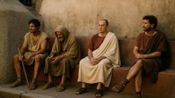 Recreación artística hiperrealista de una escena cotidiana en Pompeya, donde varios ciudadanos romanos esperan su turno frente a la Villa de los Misterios, sentados en el banco de piedra descubierto recientemente