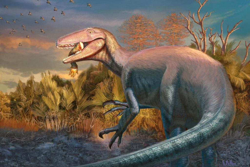 Ilustración artística de Joaquinraptor casali, un megaraptor recientemente identificado en territorio argentino