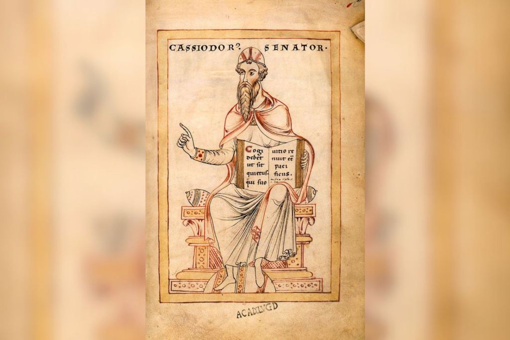 Frontispicio que representa a Flavio Magno Aurelio Casiodoro (sentado frente a Teodorico), fol. 2r del manuscrito de Leiden ms. vul. 46 (Gesta Theodorici), códice en vitela de 186 folios (220 x 125 mm), copiado en Fulda hacia el año 1176/1177