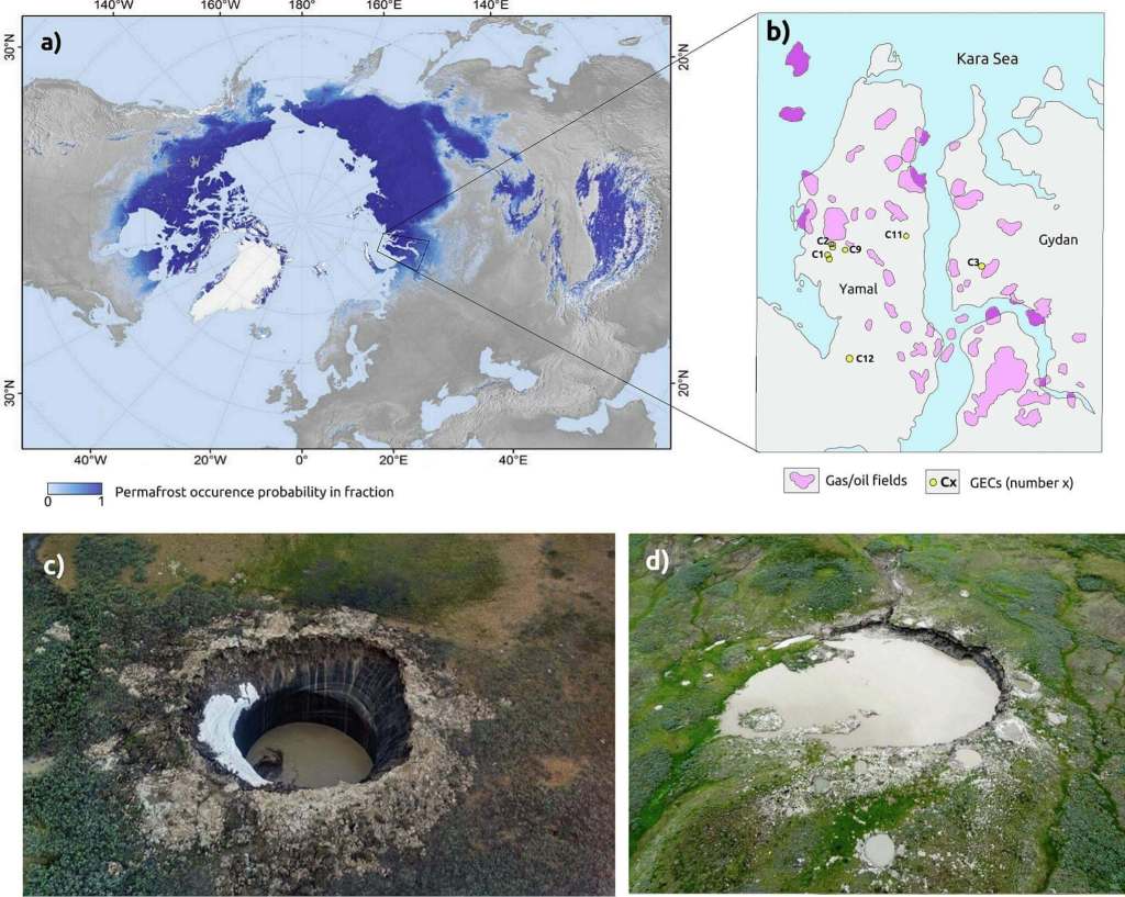 Mapa que muestra la distribución del permafrost ártico y la ubicación de los siete cráteres explosivos descubiertos en las penínsulas de Yamal y Gydan, junto a los principales campos de gas y petróleo de la región. (Hellevang et al., Science of the Total Environment, 2025)