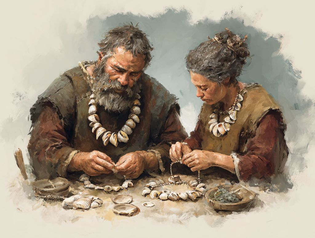 Dos personas elaboran abalorios de conchas