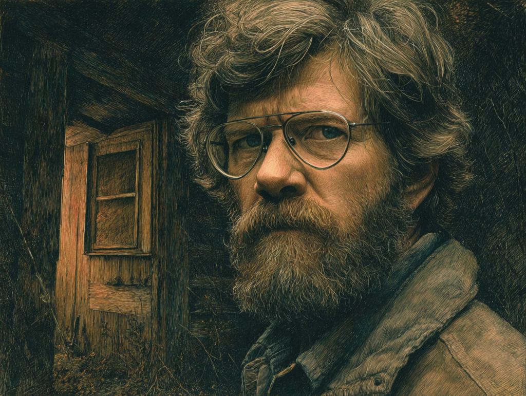 Hombre barbado junto a una cabaña