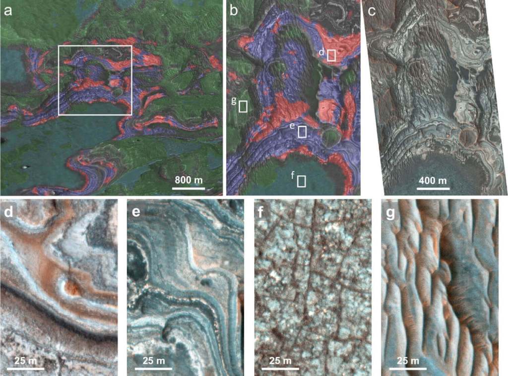 Mapa mineral del altiplano de Juventae que muestra la distribución del hidroxosulfato férrico (rojo), sulfatos polihidratados (azul) y basaltos con piroxeno (verde y cian). Las imágenes ampliadas revelan las distintas texturas y capas donde se formaron estos minerales.