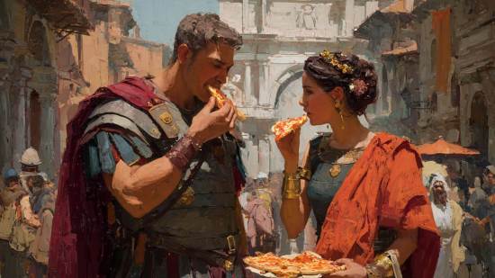 Dos romanos comiendo pizza