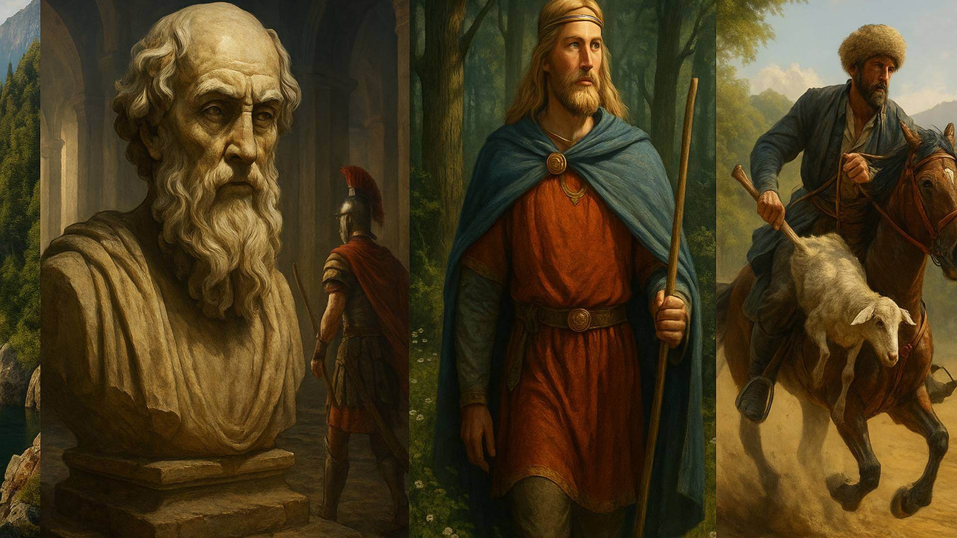 Combinación historia, naturaleza y cultura, simbolizando la amplitud del conocimiento humano y la diversidad del saber a lo largo de los siglos.