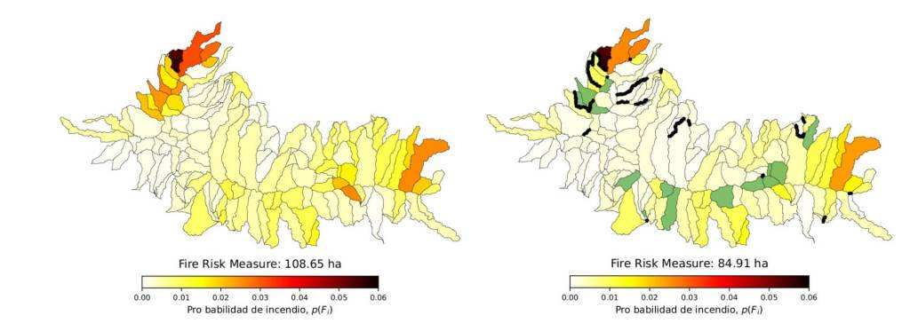 Medida de riesgo antes y después de la optimización, calculada mediante redes bayesianas. En verde parcelas tratadas y en negrita cortafuegos. Fuente: Elaboración propia. B. Granda Chico, J. León, M. T. Ortuño, A. Rodríguez Martínez, G. Tirado, B. Vitoriano (en prensa). Ayuda a la decisión en la gestión de incendios forestales. En: A. Mármol, A. Bilbao y A. Jiménez (eds) Decisión multicriterio: continúa la aventura. Nuevos retos, nuevas soluciones. Editorial de la Universidad de Sevilla.