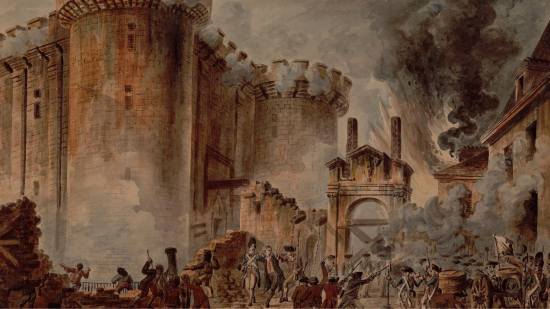 Prise de la Bastille, acuarela de Jean-Pierre-Louis-Laurent Houel (37,8 × 50,5 cm), muestra el asalto a la prisión el 14 de julio de 1789 y la detención del marqués de Launay, gobernador de la fortaleza, en el centro de la escena.
