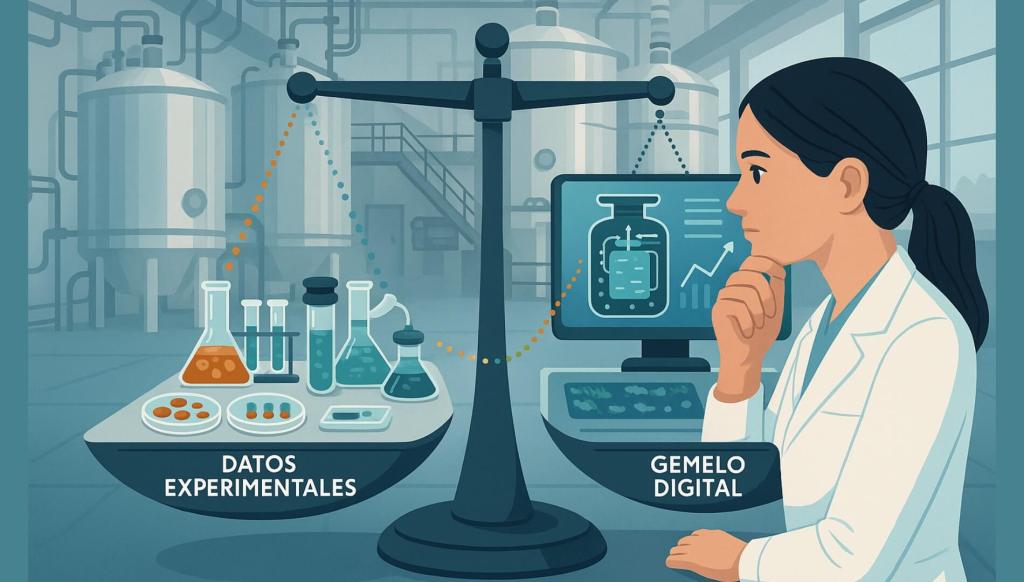 Figura 4. El futuro de los gemelos digitales en la industria biotecnológica: modelos predictivos equilibrados entre el detalle biológico y la correcta predicción. Imagen realizada con ChatGPT.