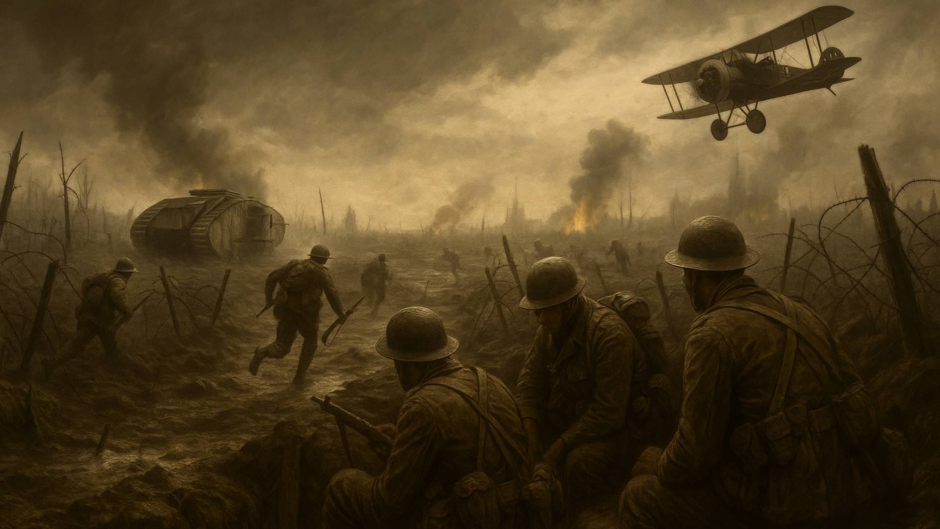Soldados en una trinchera de la Primera Guerra Mundial bajo un cielo gris y cargado de humo; un tanque avanza entre el barro y las alambradas mientras un avión biplano sobrevuela el campo de batalla, capturando el dramatismo y la devastación del conflicto.