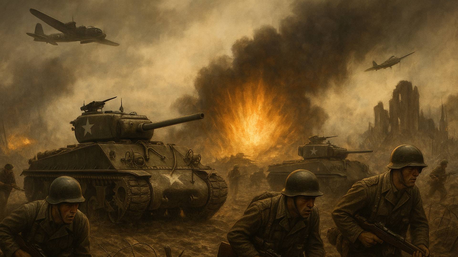 Soldados avanzando junto a tanques y explosiones en un campo de batalla de la Segunda Guerra Mundial, bajo un cielo cubierto de humo y fuego, con aviones surcando el aire y una atmósfera tensa que refleja el caos y la magnitud del conflicto.