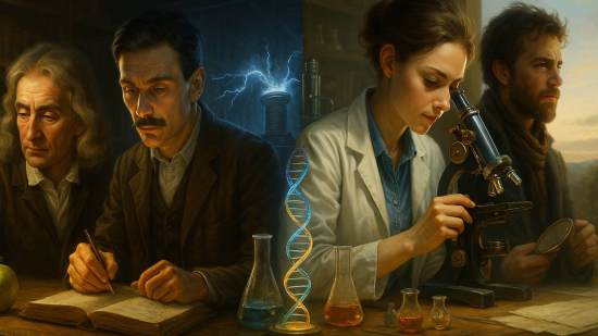 Cuatro científicos de distintas épocas trabajando en sus entornos: un físico escribiendo en un libro antiguo, un inventor observando una bobina eléctrica, una científica analizando una muestra bajo el microscopio y un explorador sosteniendo una brújula al atardecer. La iluminación cálida y cinematográfica simboliza las diferentes formas de pensamiento científico: lógica, creatividad, experimentación y exploración.