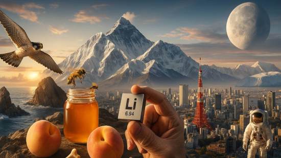 Un halcón volando sobre el océano, un frasco de miel junto a melocotones, montañas nevadas del Himalaya, una ciudad moderna con una torre emblemática y un astronauta sobre la superficie terrestre, representando las curiosidades y maravillas del mundo.