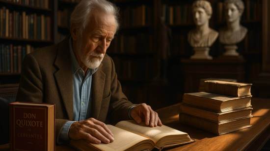 Biblioteca antigua iluminada por luz cálida al atardecer, con estanterías repletas de libros y una figura leyendo junto a una gran ventana, simbolizando el legado atemporal de los grandes autores de la literatura mundial.