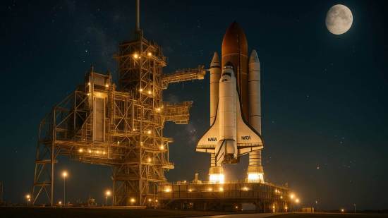 Transbordador espacial de la NASA en la plataforma de lanzamiento, iluminado bajo un cielo nocturno estrellado con la Luna al fondo, simbolizando el espíritu de exploración y avance científico de la humanidad.