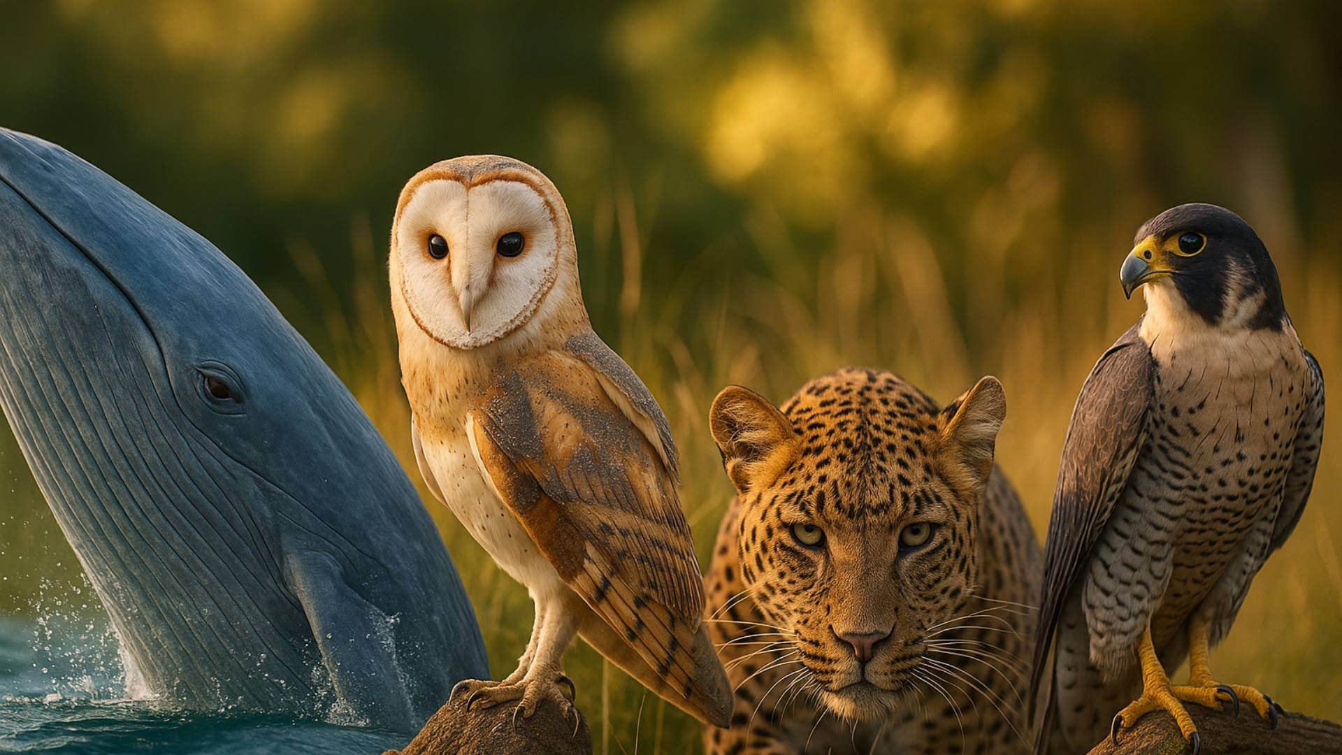 Ballena azul emergiendo del agua junto a un búho, un leopardo y un halcón peregrino, todos en un entorno natural iluminado por luz dorada, simbolizando la diversidad y majestuosidad del mundo animal.