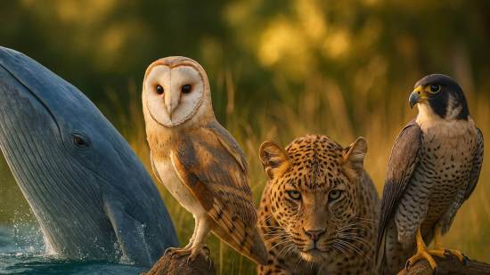 Ballena azul emergiendo del agua junto a un búho, un leopardo y un halcón peregrino, todos en un entorno natural iluminado por luz dorada, simbolizando la diversidad y majestuosidad del mundo animal.