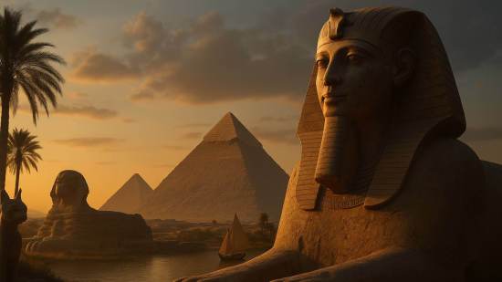 Pirámides de Giza y la Gran Esfinge al atardecer, bañadas por una luz dorada junto al río Nilo, con una estatua de faraón y una figura de Bastet en primer plano, simbolizando la grandeza y el misterio del Antiguo Egipto.