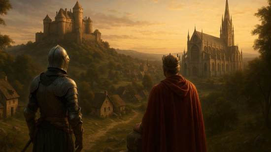 Paisaje medieval al atardecer, con un castillo fortificado en lo alto de una colina, una catedral gótica iluminada por el sol y un caballero con armadura junto a un rey contemplando el valle, evocando el poder y la espiritualidad de la Edad Media.