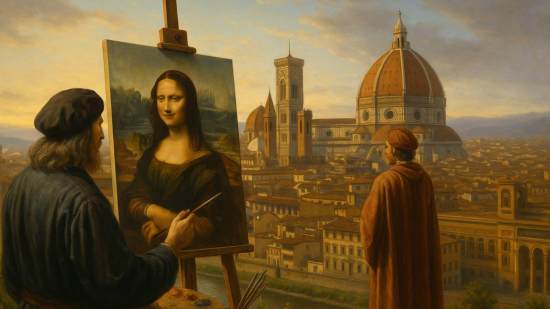 Artista renacentista pintando frente a la ciudad de Florencia, con la cúpula de Brunelleschi al fondo iluminada por la luz dorada del atardecer, simbolizando el florecimiento del arte, la ciencia y la cultura durante el Renacimiento.