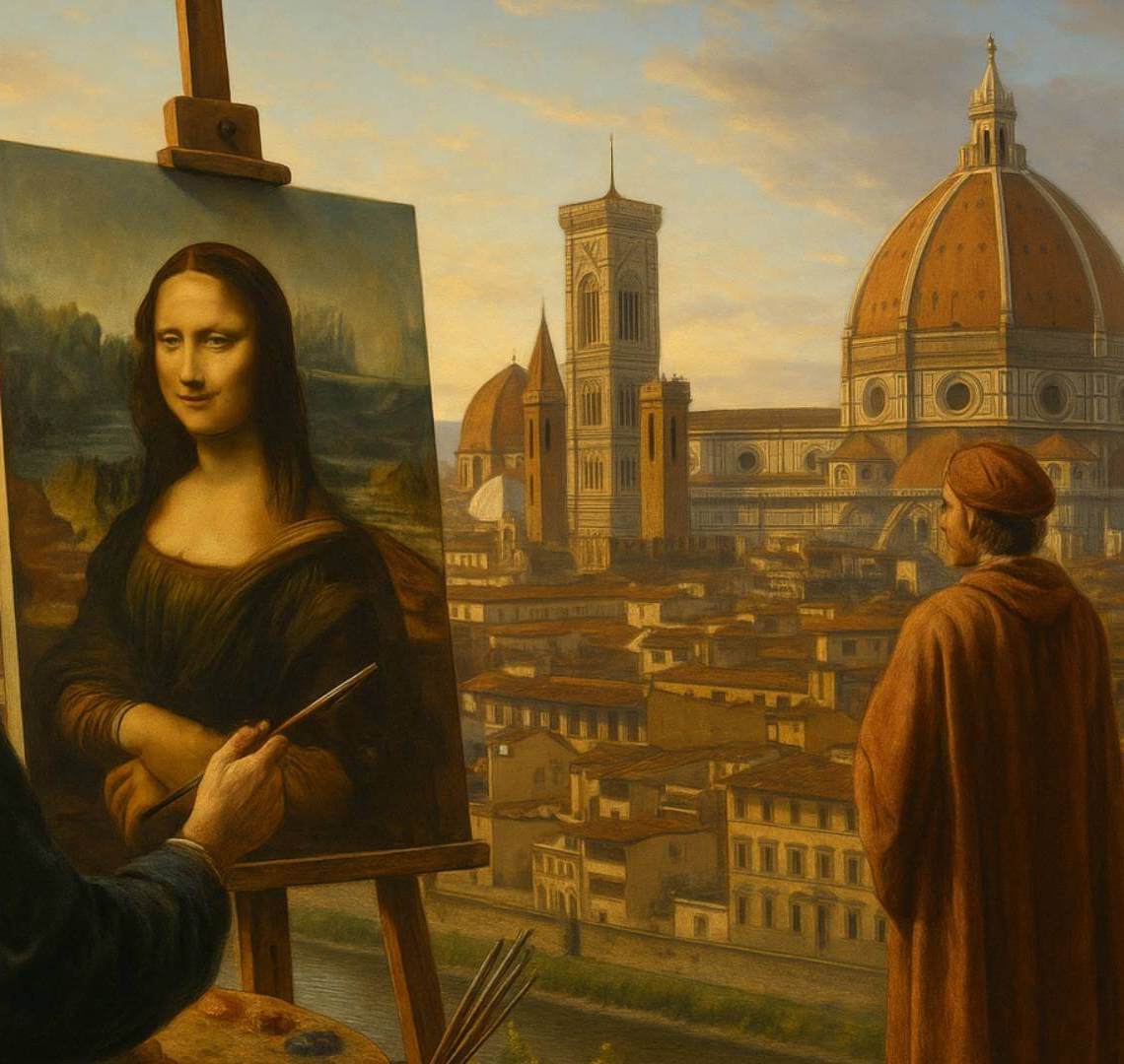 Artista renacentista pintando frente a la ciudad de Florencia, con la cúpula de Brunelleschi al fondo iluminada por la luz dorada del atardecer, simbolizando el florecimiento del arte, la ciencia y la cultura durante el Renacimiento.