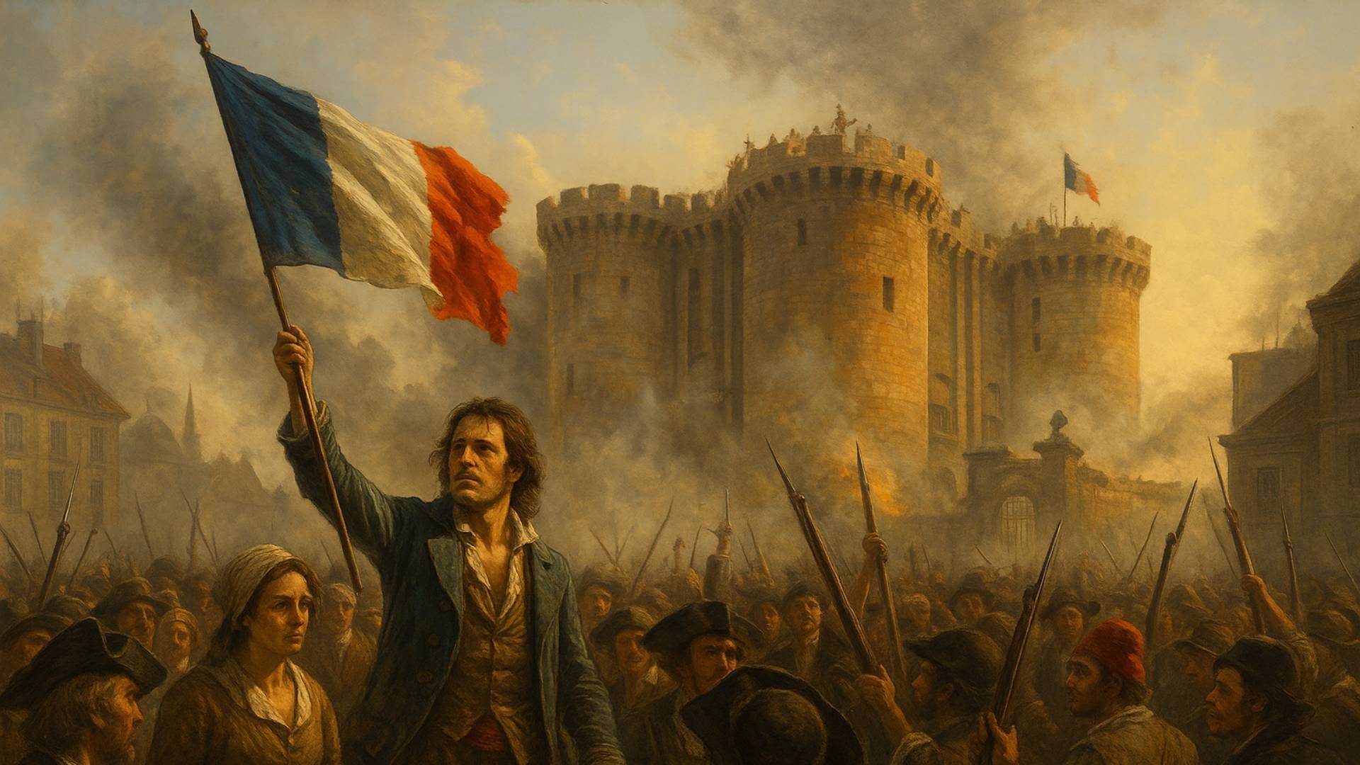 La toma de la Bastilla durante la Revolución Francesa, con una multitud de revolucionarios levantando banderas y fusiles frente a la fortaleza envuelta en humo y fuego, bajo una luz dorada que simboliza el amanecer de la libertad.
