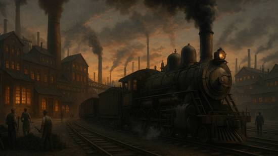 Ciudad industrial del siglo XIX al anochecer, con una locomotora de vapor avanzando entre fábricas humeantes y trabajadores junto a los raíles, simbolizando el poder, el cambio y el impacto humano de la Revolución Industrial.
