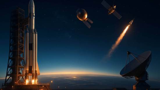 Imagen panorámica hiperrealista que muestra un cohete en una plataforma de lanzamiento al atardecer, con el cielo oscuro lleno de estrellas y un satélite orbitando sobre el horizonte. En primer plano, una gran antena parabólica apunta al espacio, simbolizando la conexión entre la Tierra y la exploración interplanetaria.