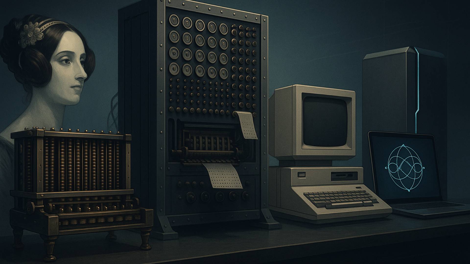 Imagen panorámica hiperrealista que muestra una secuencia de dispositivos informáticos en una mesa: desde una calculadora mecánica del siglo XIX y un ordenador ENIAC, hasta un ordenador personal de los años 80 y un moderno equipo con pantalla que representa la computación cuántica. La escena está iluminada con tonos fríos y luz ambiental suave, evocando la evolución tecnológica a lo largo de los siglos.