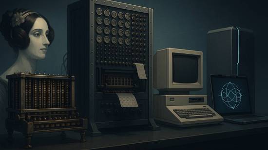 Imagen panorámica hiperrealista que muestra una secuencia de dispositivos informáticos en una mesa: desde una calculadora mecánica del siglo XIX y un ordenador ENIAC, hasta un ordenador personal de los años 80 y un moderno equipo con pantalla que representa la computación cuántica. La escena está iluminada con tonos fríos y luz ambiental suave, evocando la evolución tecnológica a lo largo de los siglos.