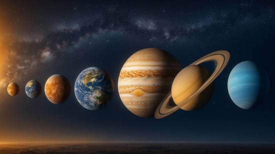 Sistema solar mostrando los planetas alineados desde Mercurio hasta Neptuno, con el Sol brillando al fondo y la Vía Láctea extendiéndose sobre un cielo estrellado.