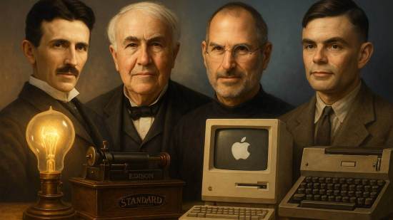 Grandes inventores del siglo XX —entre ellos Tesla, Edison, Turing y Jobs— rodeados por sus creaciones icónicas como una bombilla, una máquina de escribir y un ordenador, iluminados con luz cálida que resalta el contraste entre la era mecánica y la digital.