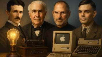 Grandes inventores del siglo XX —entre ellos Tesla, Edison, Turing y Jobs— rodeados por sus creaciones icónicas como una bombilla, una máquina de escribir y un ordenador, iluminados con luz cálida que resalta el contraste entre la era mecánica y la digital.