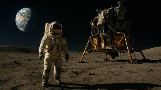 Astronauta del programa Apolo caminando sobre la superficie lunar junto al módulo de aterrizaje, con la Tierra visible en el horizonte del espacio profundo.