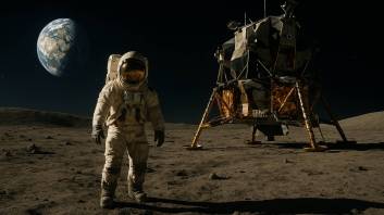 Astronauta del programa Apolo caminando sobre la superficie lunar junto al módulo de aterrizaje, con la Tierra visible en el horizonte del espacio profundo.