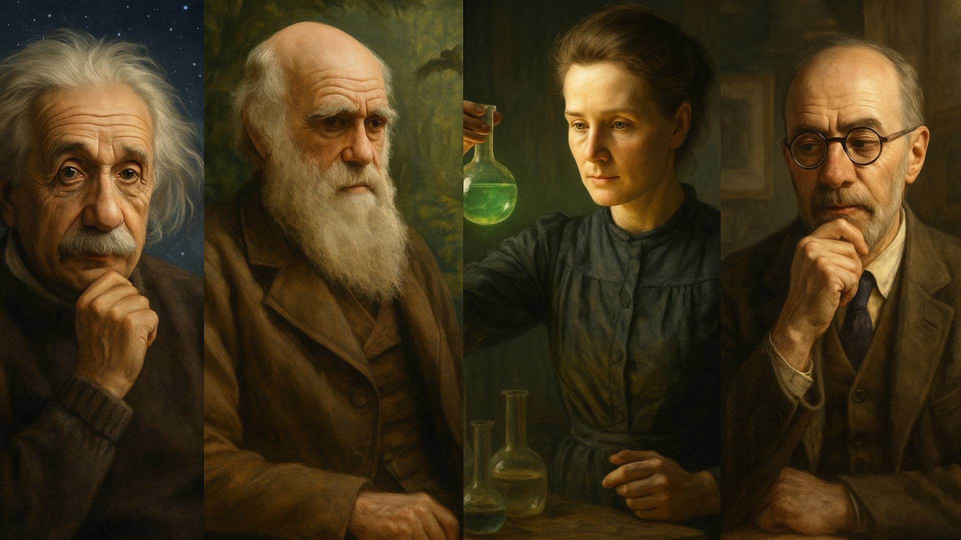 cuatro figuras de distintos ámbitos del conocimiento —un físico bajo un cielo estrellado, un naturalista entre árboles, una científica observando un frasco luminoso en un laboratorio y un pensador en un estudio con luz cálida—, simbolizando las distintas formas de genialidad humana: la curiosidad, la observación, la experimentación y la reflexión.