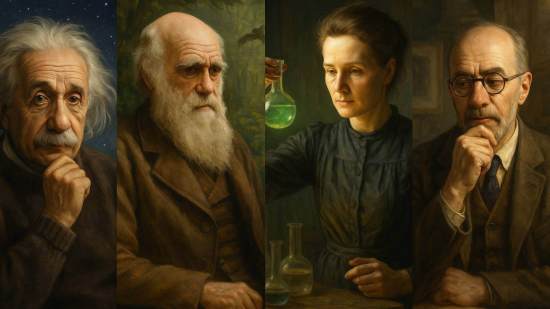 cuatro figuras de distintos ámbitos del conocimiento —un físico bajo un cielo estrellado, un naturalista entre árboles, una científica observando un frasco luminoso en un laboratorio y un pensador en un estudio con luz cálida—, simbolizando las distintas formas de genialidad humana: la curiosidad, la observación, la experimentación y la reflexión.