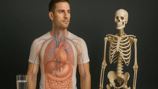 Representación superpuesta de los órganos internos del cuerpo humano junto a un esqueleto, simbolizando la complejidad anatómica y fisiológica del cuerpo.