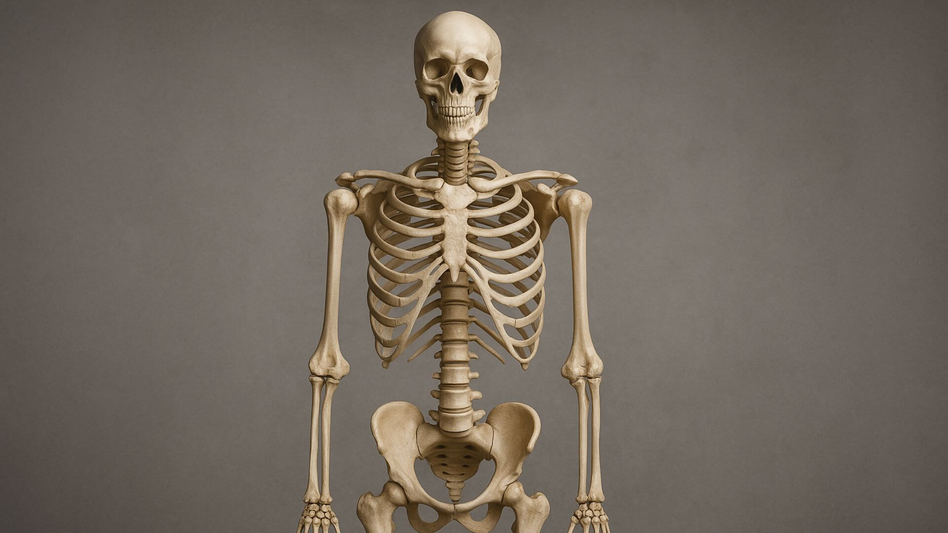 Esqueleto humano completo mostrando la estructura ósea de un adulto.