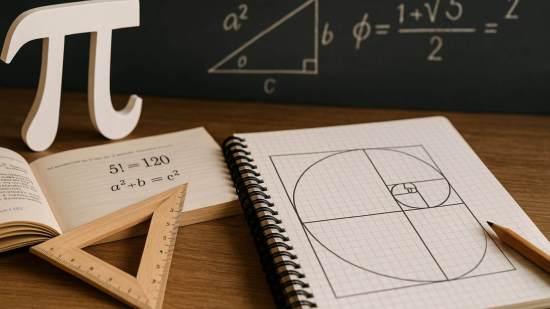 Mesa con un cuaderno de cuadrícula abierto con una espiral de Fibonacci, un libro con fórmulas, una escuadra de madera y un símbolo de pi frente a una pizarra con ecuaciones geométricas, representando la belleza y lógica de las matemáticas.