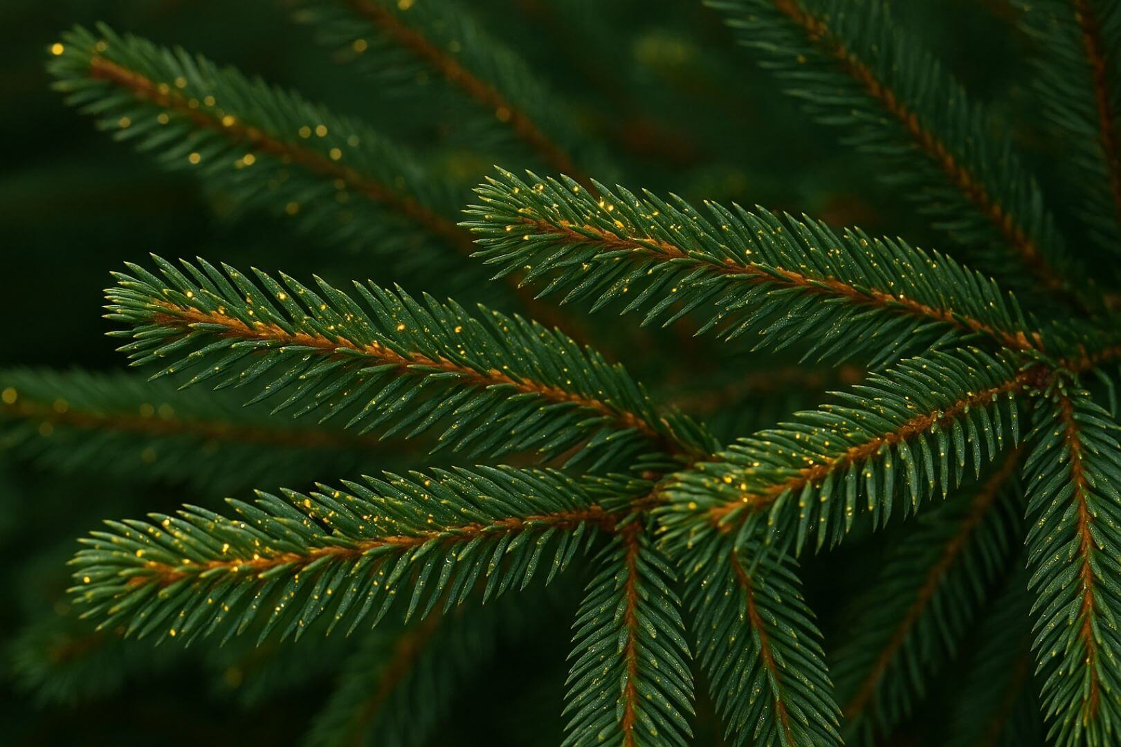 Recreación artística de las agujas de un abeto rojo con nanopartículas de oro brillando en su superficie, inspirada en el hallazgo científico realizado en Finlandia