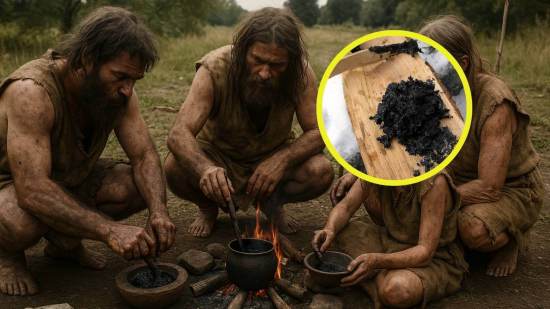 Recreación artística de una escena cotidiana en el Neolítico, donde un grupo familiar elabora alquitrán de abedul alrededor del fuego