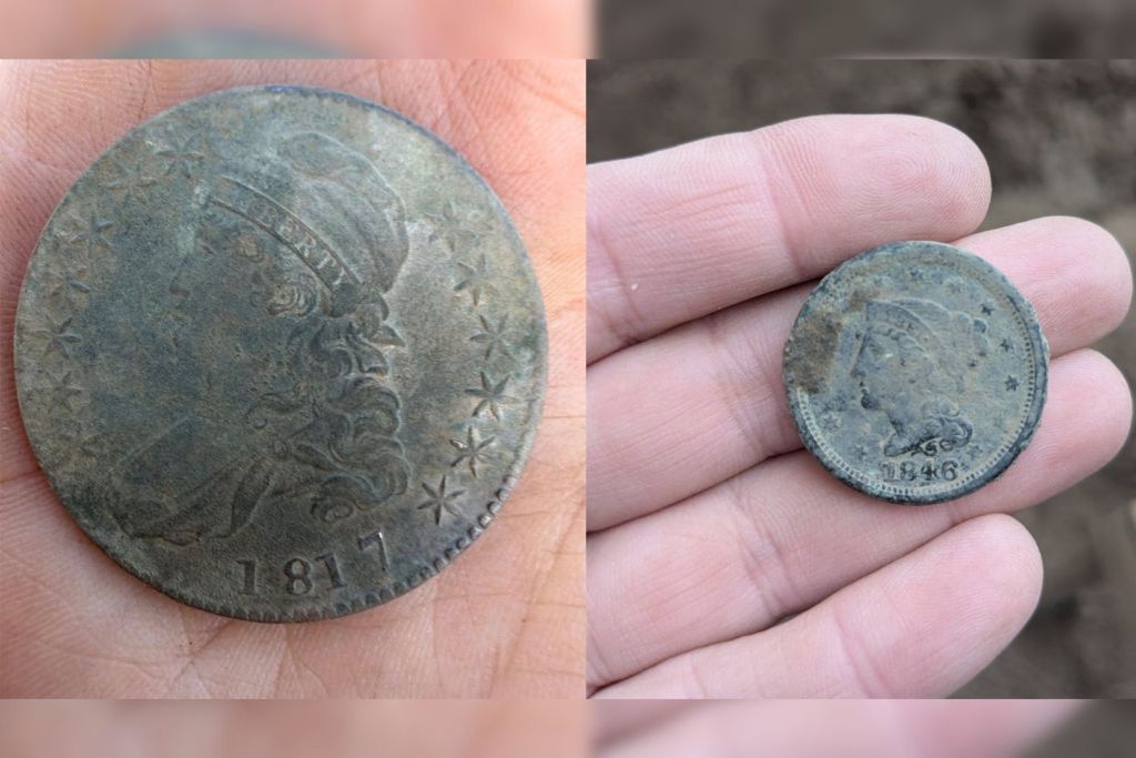 Una moneda de 50 centavos de 1817 (izquierda) y otra de un centavo con la efigie de la Libertad de 1846 (derecha)