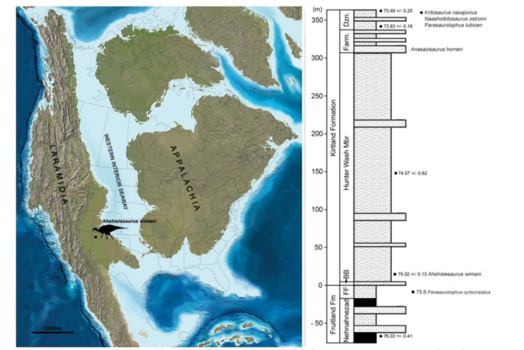 Ubicación geográfica y estratigráfica del yacimiento donde se halló Ahshislesaurus wimani en el noroeste de Nuevo México