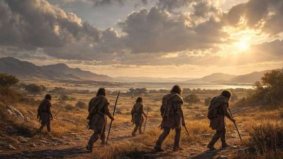 Recreación artística de un grupo de sapiens cruzando las antiguas llanuras del Egeo hacia Europa durante la Edad de Hielo